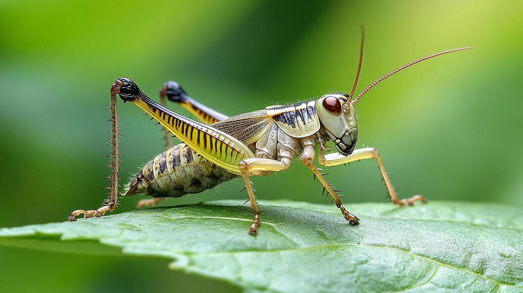 Grasshopper perched on a leaf against a vibrant green background. Macro shot capturing intricate details of the insect and foliage. photo