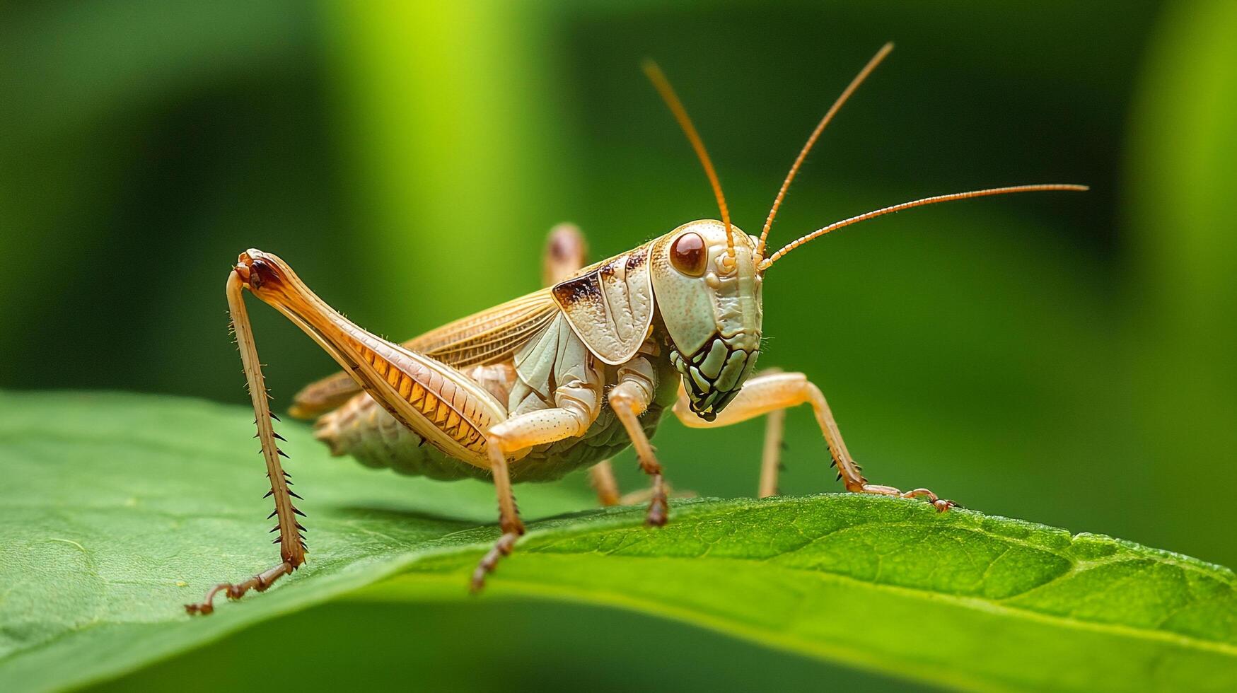 A close-up shot shows a grasshopper perched on a green leaf, exhibiting its intricate exoskeleton and antennae against a blurred background. photo