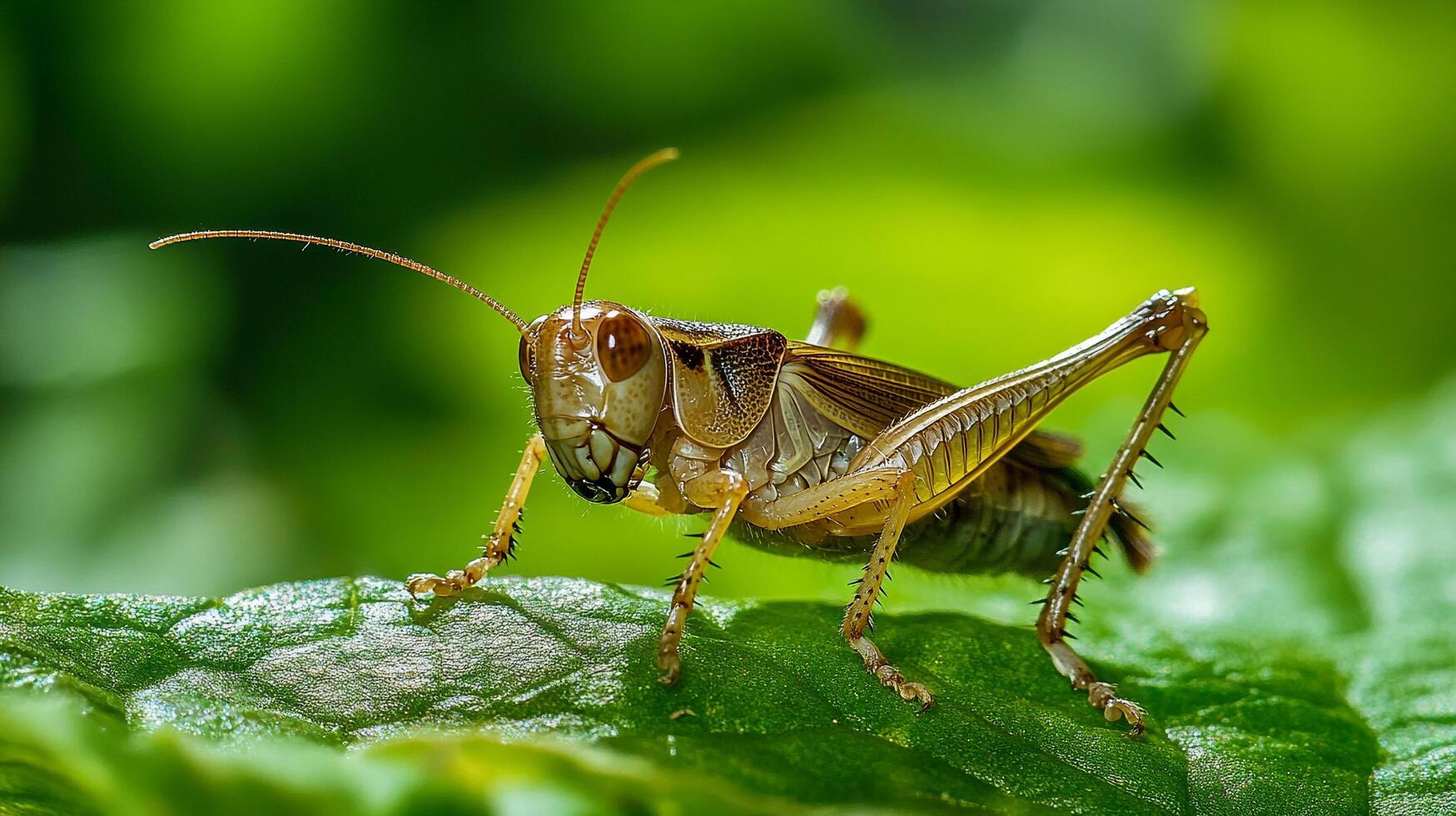 Grasshopper perched on a vibrant green leaf, showcasing its detailed exoskeleton and antennae against a blurred verdant backdrop. photo