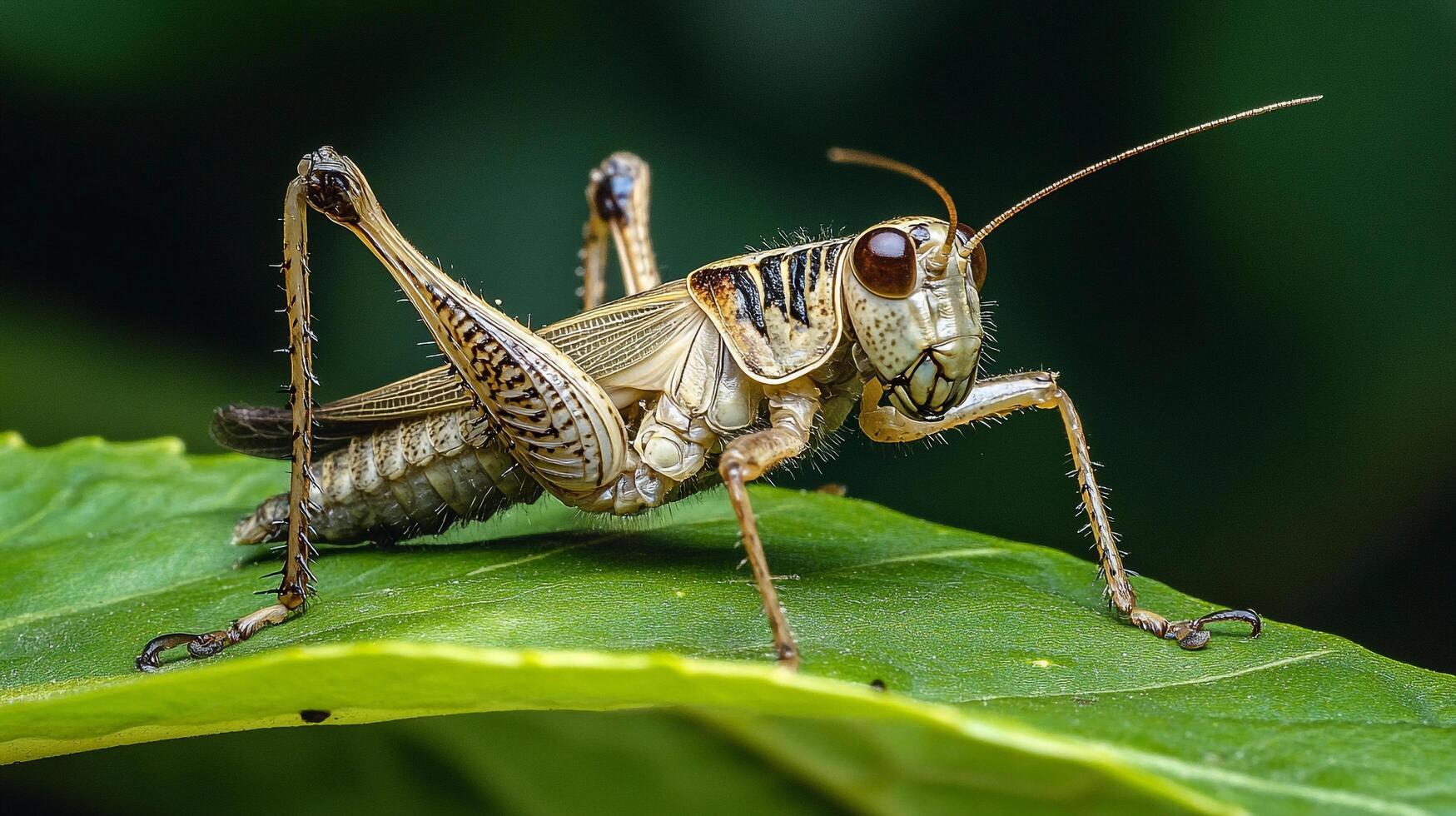 A grasshopper rests on a vibrant green leaf, its body a blend of browns and yellows, antennae reaching out with precision. photo