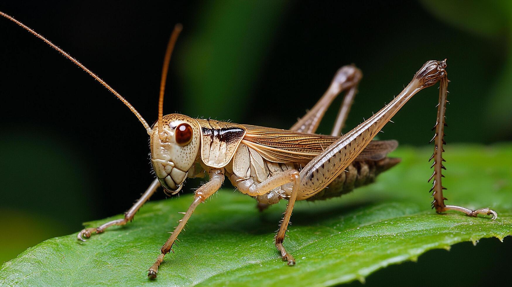 Detailed close-up of a tan grasshopper poised on a vibrant green leaf, showcasing its intricate texture and unique features against a blurred backdrop. photo