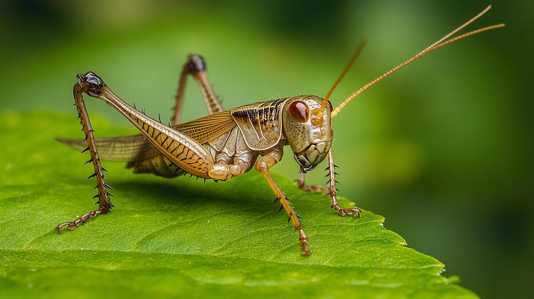 Detailed macro shot of a grasshopper standing on a vibrant green leaf, showcasing its intricate anatomy and natural camouflage in nature. photo
