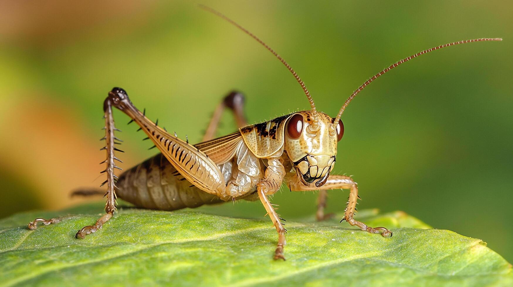 Macro photograph showcasing a detailed shot of a grasshopper perched on a vibrant green leaf, capturing its intricate features. photo