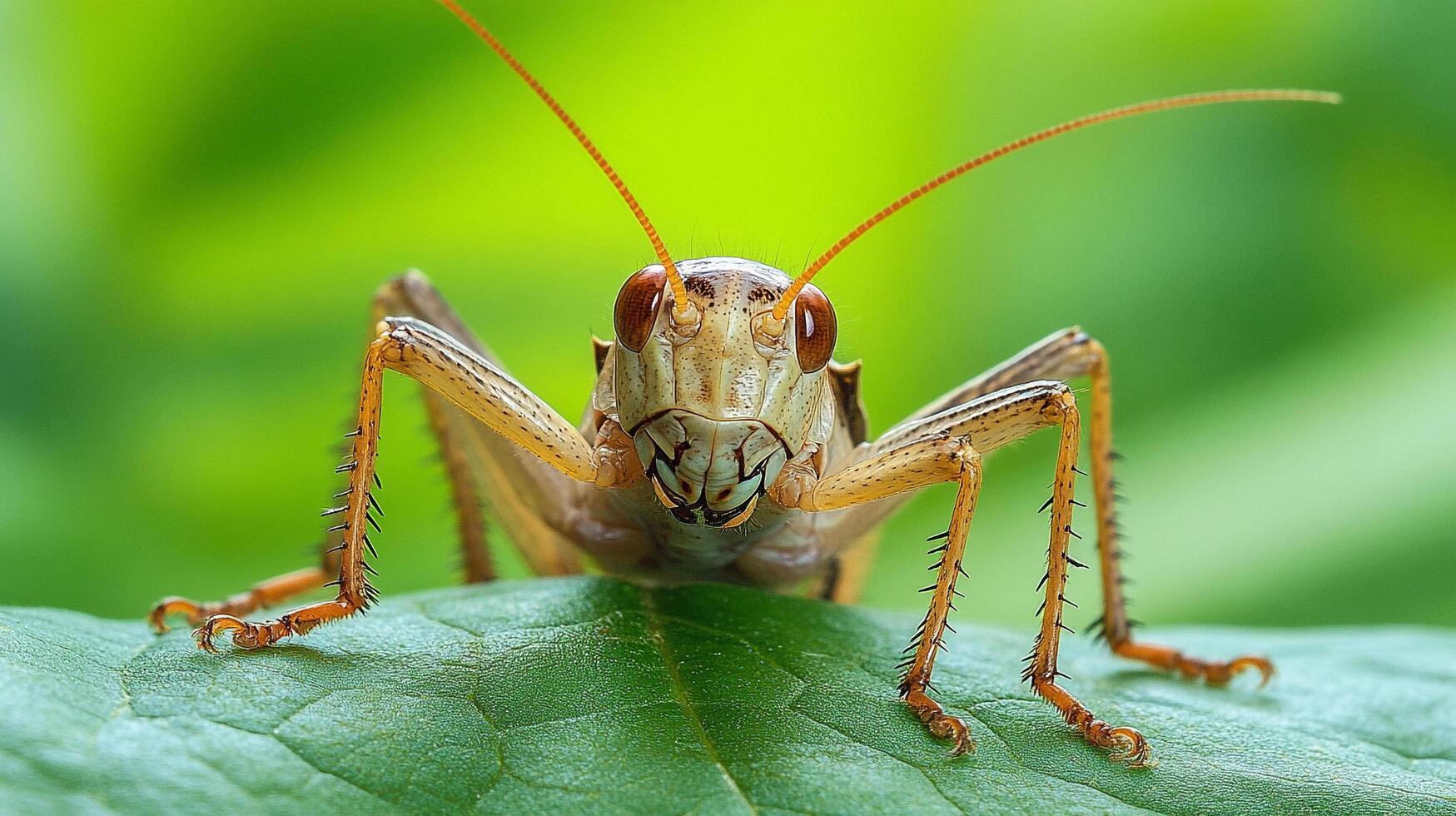 Macro shot of a grasshopper with striking detail, showcasing its intricate anatomy against a vivid green leaf background. photo