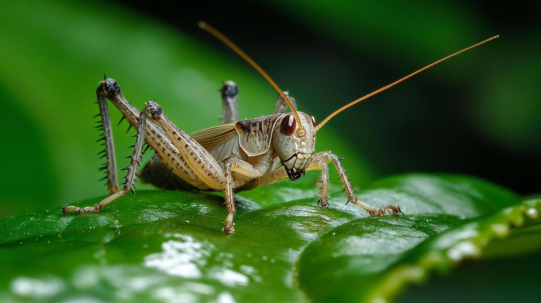 Closeup of a speckled bush cricket perched on a vibrant green leaf, showcasing its intricate details and textured legs, with a shallow depth of field. photo