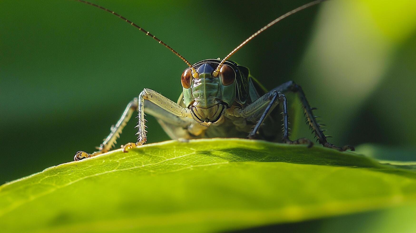 Macro photograph showcases a grasshopper perched on a vibrant green leaf, eyes on the viewer, set against a blurred green backdrop. photo