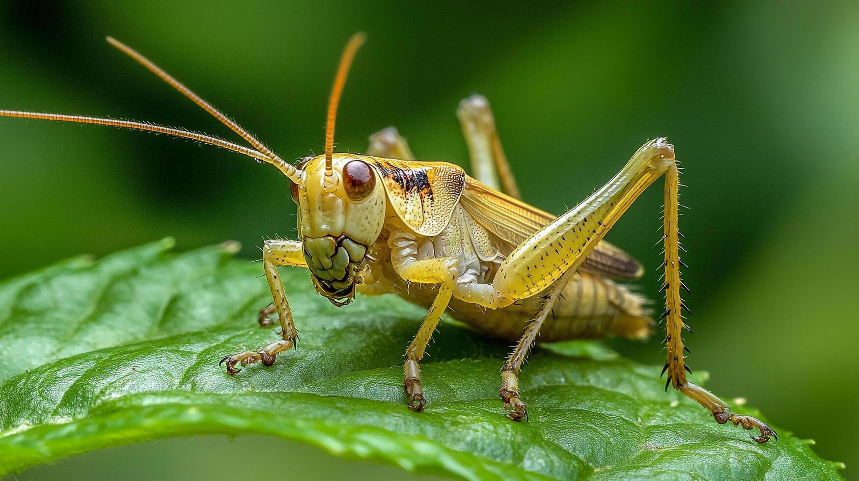 Close-up of a grasshopper perched on a vibrant green leaf, showcasing its intricate details and natural camouflage in a lush environment. photo