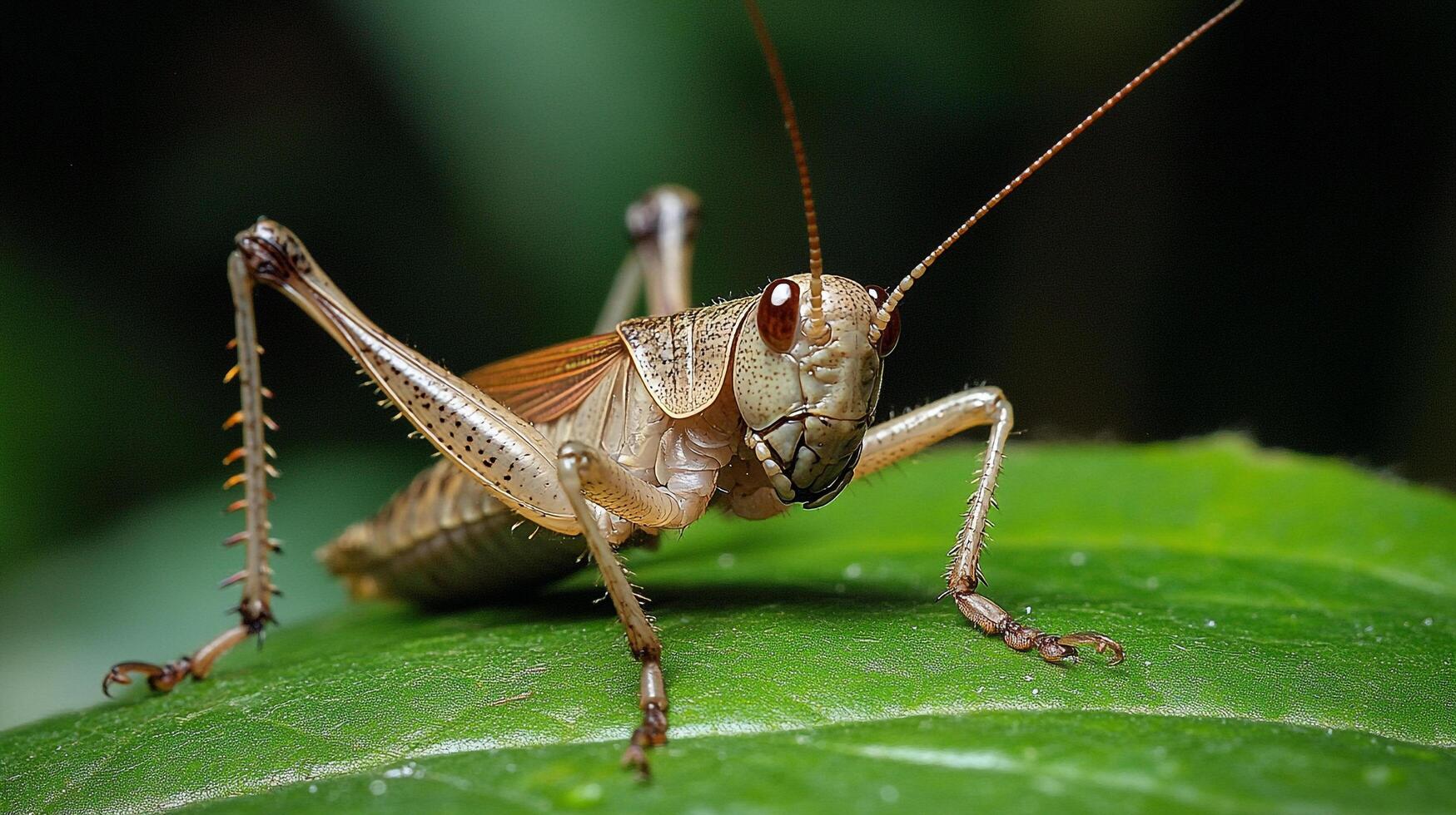 Close-up of a brown grasshopper perched on a vibrant green leaf, showcasing its intricate details and natural camouflage in nature. photo