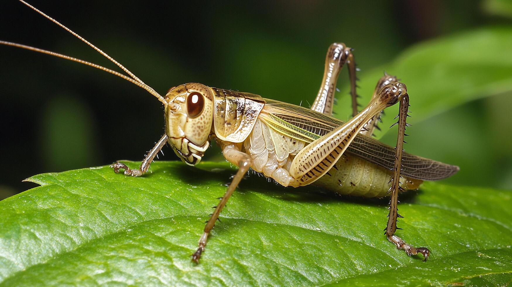 Close-up of a detailed katydid resting on a vibrant green leaf. Its antennae are long and its legs are spiky. The background is blurred. photo