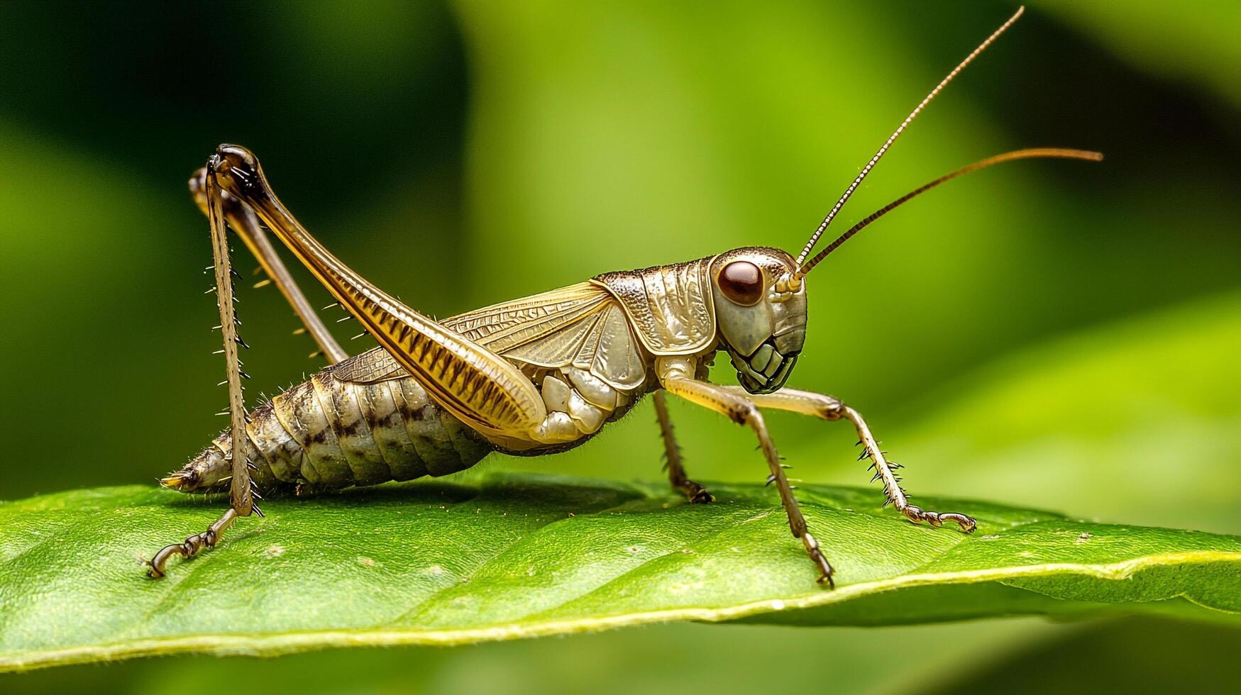 Detailed macro shot of a grasshopper sitting on a vibrant green leaf. Its intricate details are highlighted in sharp focus. photo