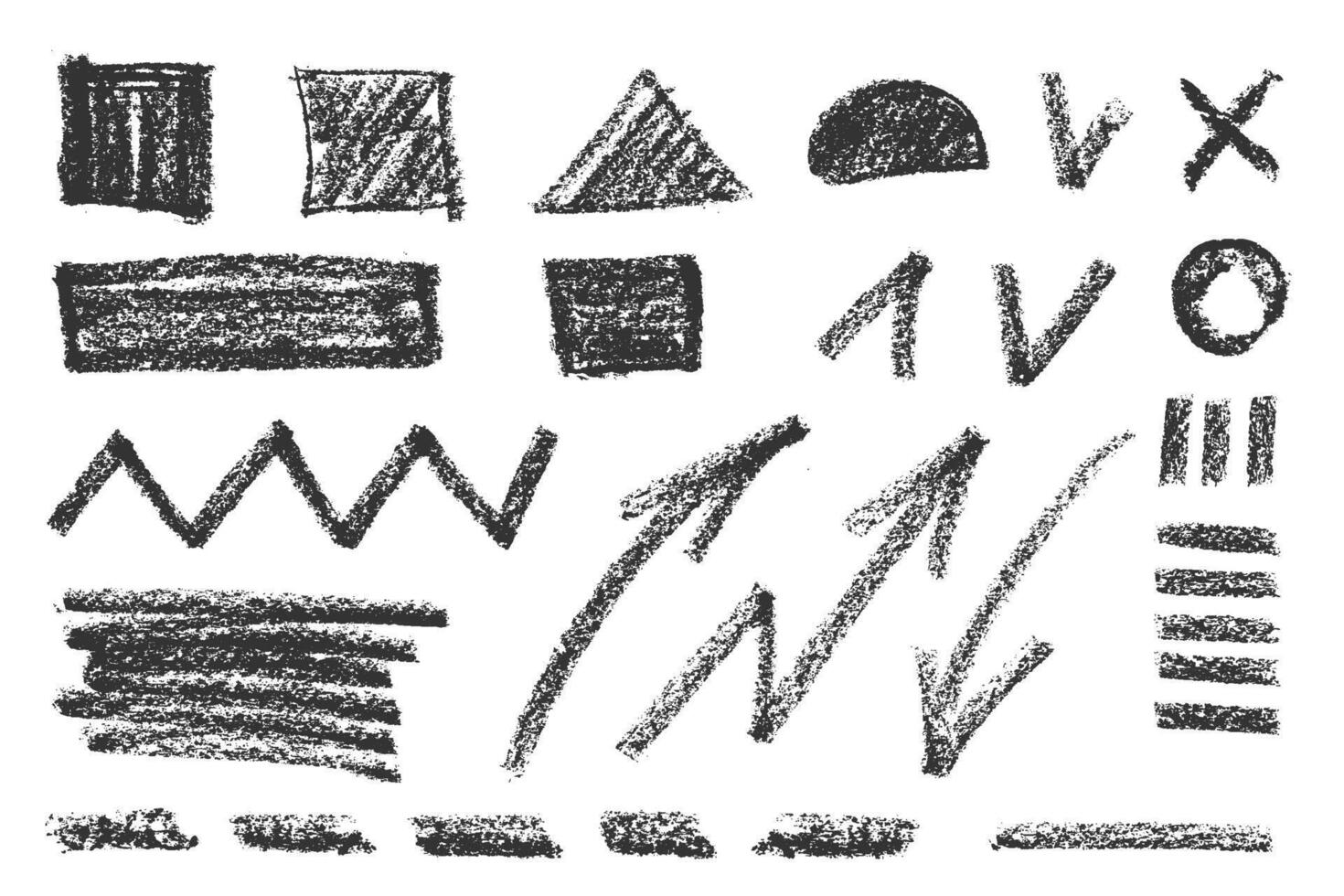 Charcoal pencil hand drawing geometrical shapes, arrows, lines, zig zag. Black elements on white background. Grunge chalk crayon scribbles doodles textures. Rough crayon strokes. illustration. vector