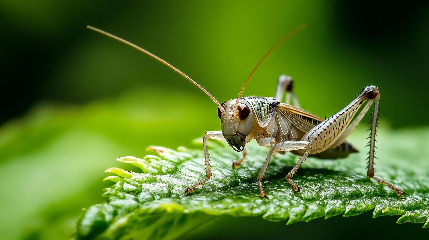 Close-up of a light-colored grasshopper perched on a vibrant green leaf, showcasing its intricate details and natural habitat. photo