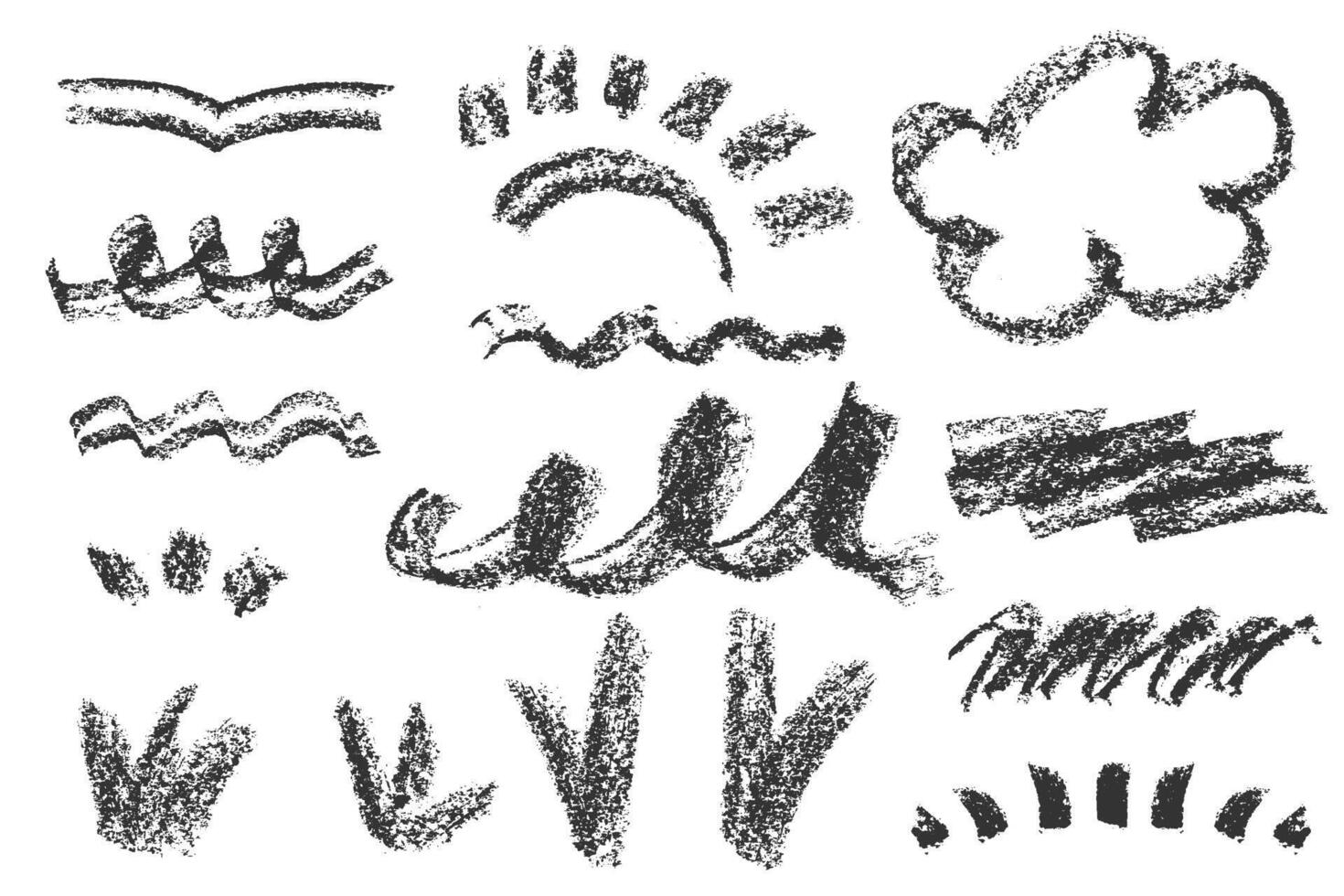Chalk kids cloud weather symbols set Childish doodle naive icons isolated on white background. Cute line chalk drawn sketch grass, wave, sun. Symbols of sky Rough pastel bg texture illustration vector