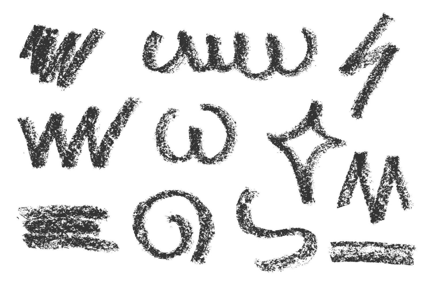 Charcoal bold strokes collection. Rough pencil scribbles lines Hand drawn circles and spiral shapes. Scribble black strokes Marker, crayon chalk drawing. Set of sketch texture illustration vector