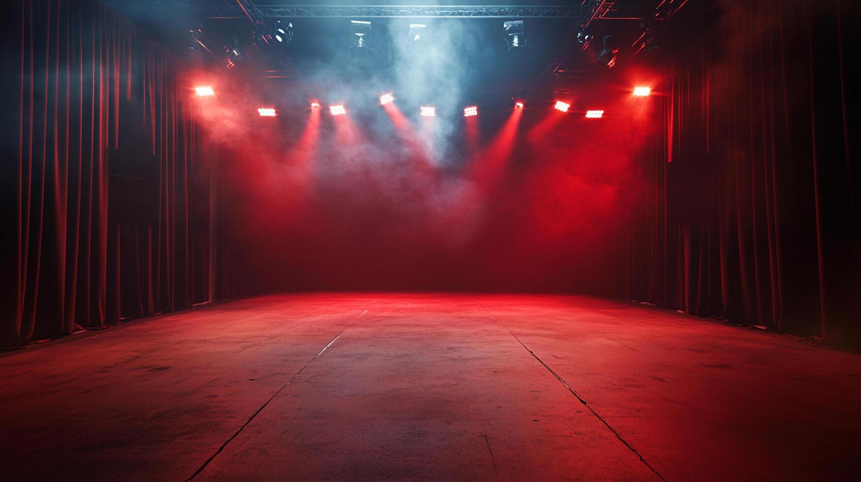 An empty theater stage bathed in red light and a haze of smoke, creating a dramatic and atmospheric space for performance. photo