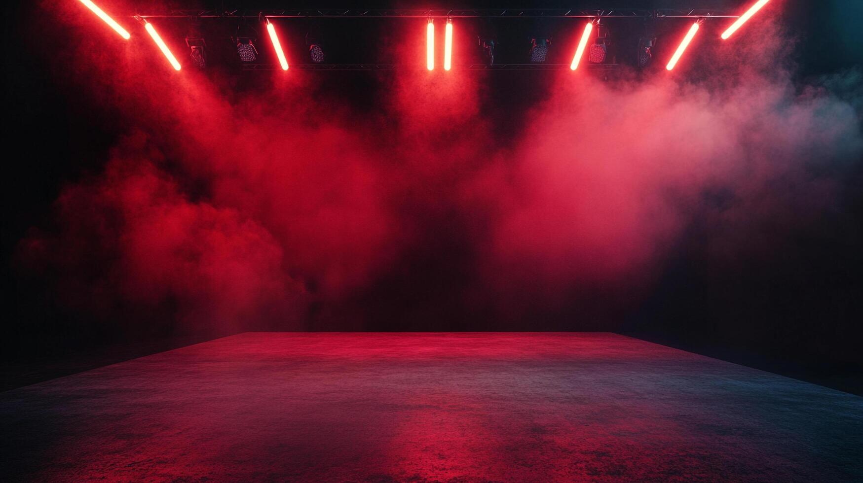 Abstract stage bathed in vibrant red light and fog, creating a dramatic and mysterious atmosphere for performance or presentation. photo