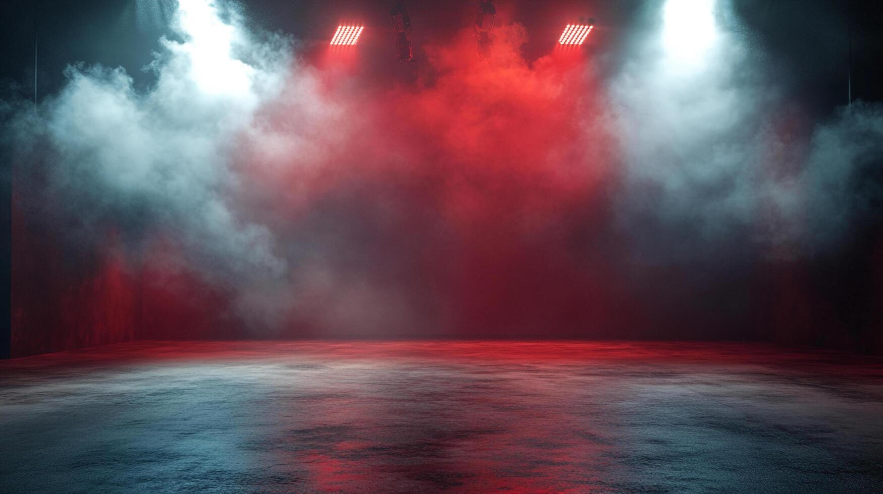 Dramatic scene with atmospheric mist, illuminated by red and white stage lights, creating a dynamic visual effect and highlighting the space. photo
