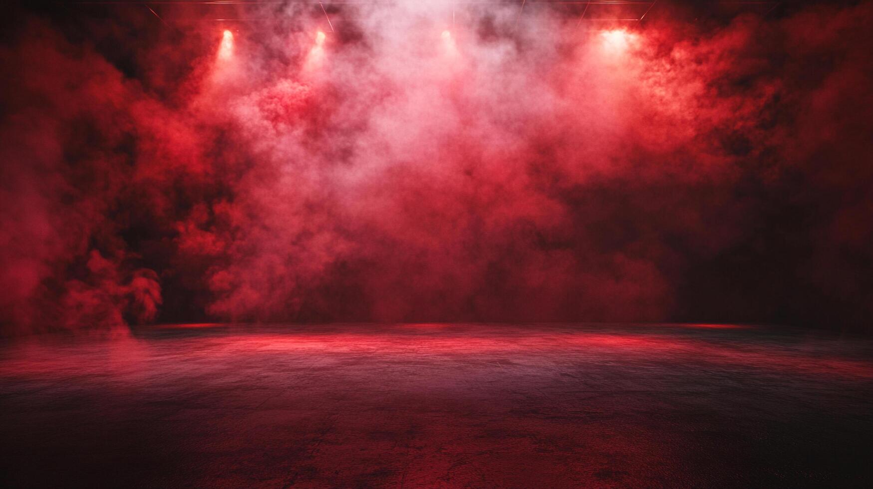 A dramatic scene unfolds with vivid red lighting illuminating smoke-filled space, casting an ethereal glow over the surface below. photo