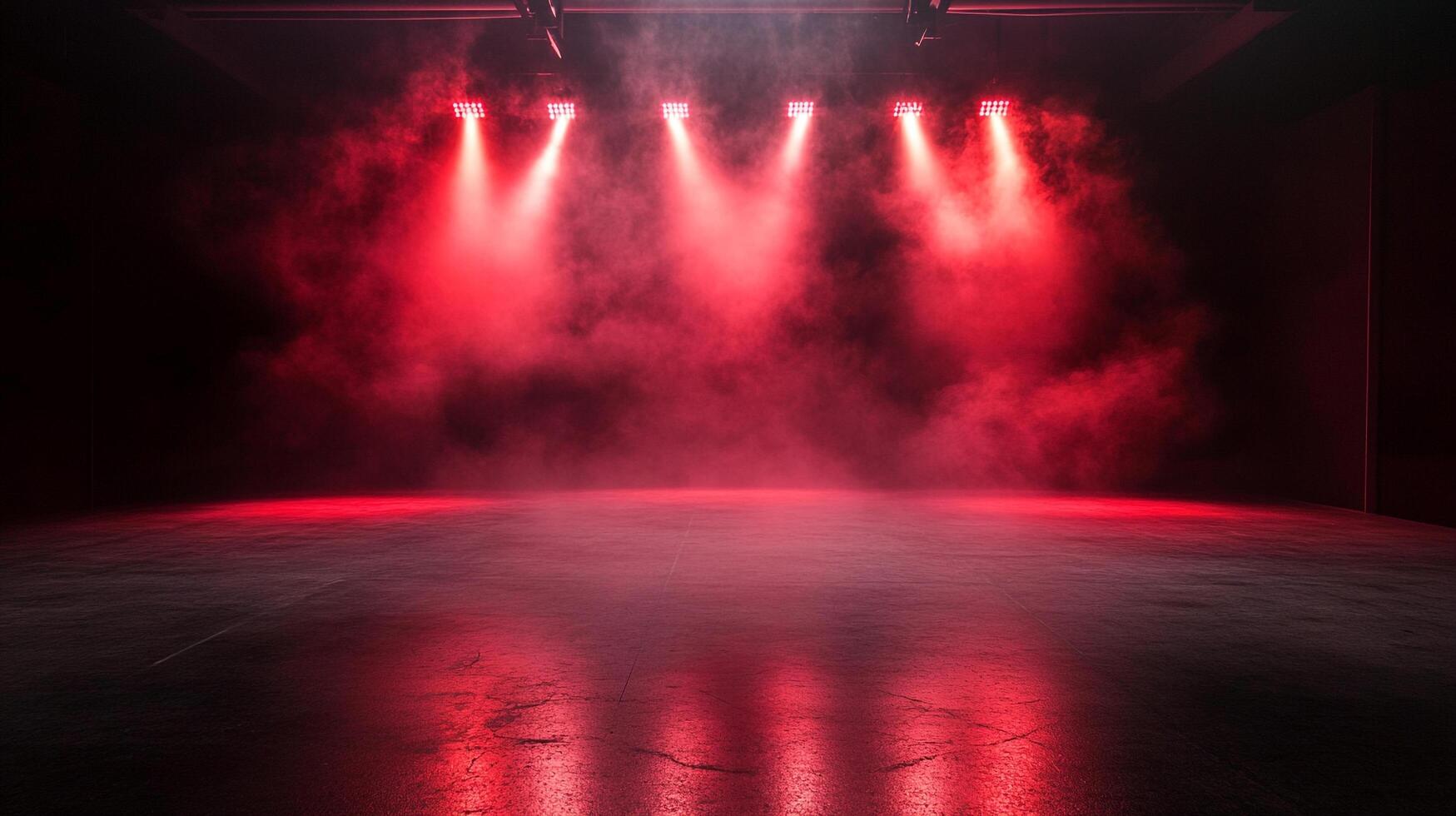 Empty stage bathed in bright red lights and filled with smoke. Perfect for a performance or presentation. Dramatic and atmospheric. photo