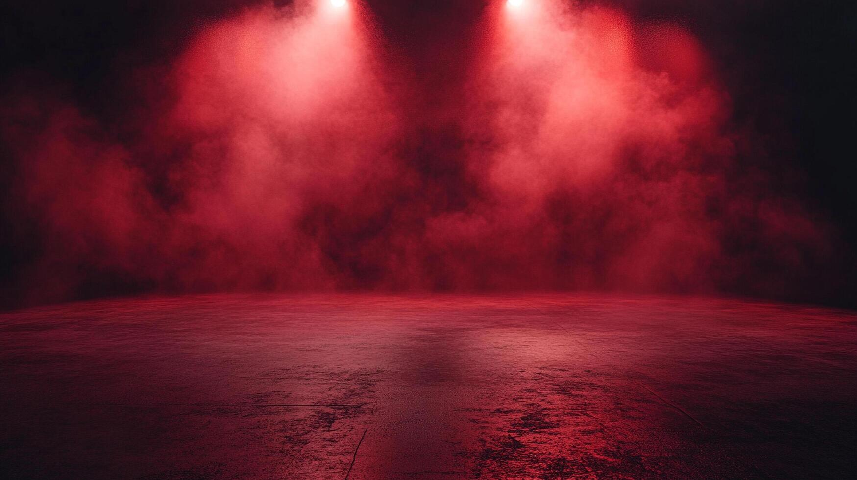 Dramatic stage illuminated with two bright spotlights casting red fog over a dark, glossy floor, creating an intense, theatrical atmosphere. photo