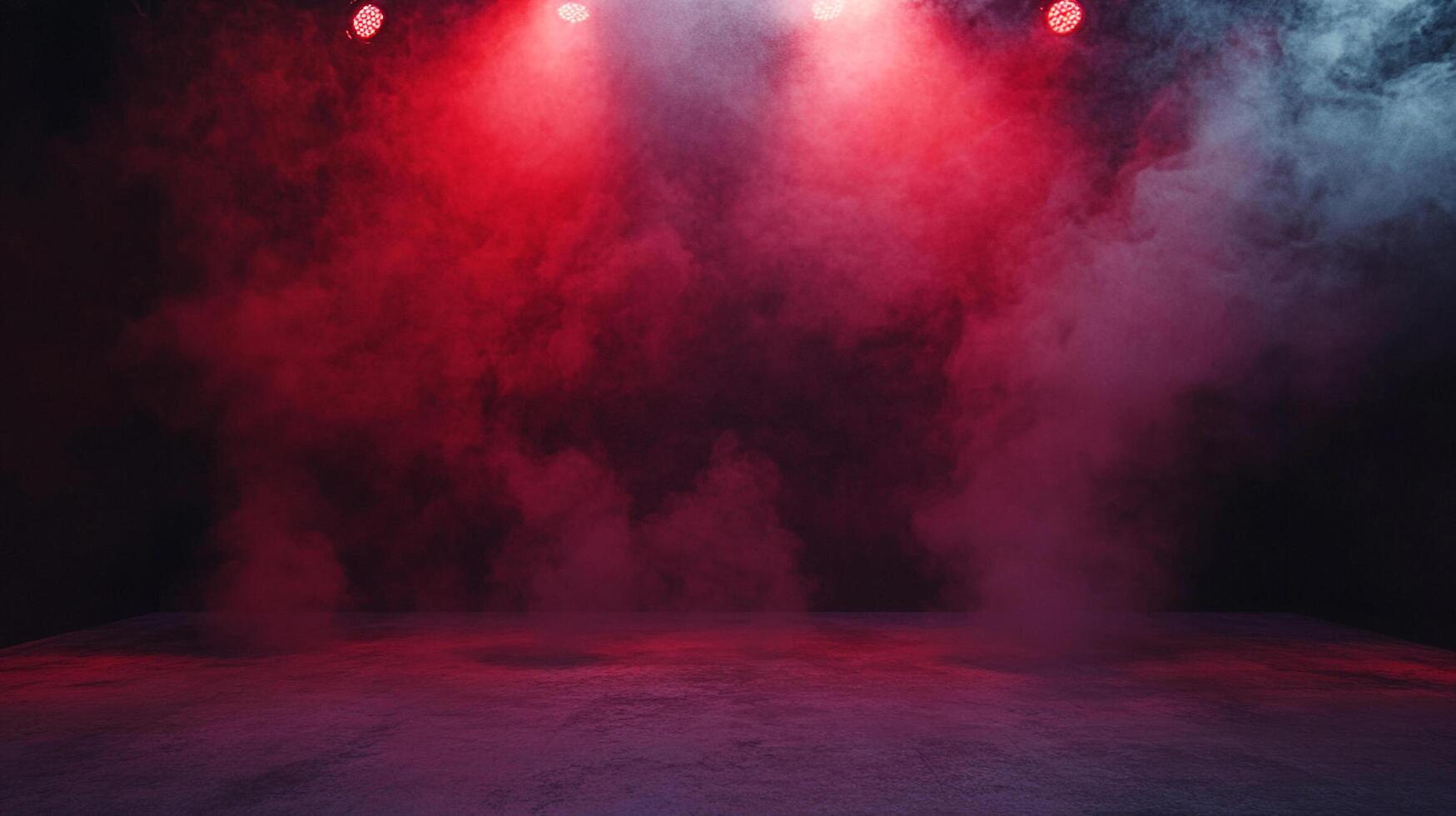 A stage bathed in red light and filled with smoke, creating a dramatic atmosphere for a performance, show, or event. photo