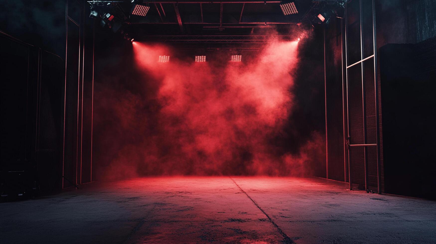 Empty stage bathed in intense red light and atmospheric fog, ready for a powerful performance or dramatic scene. The ambiance is mysterious. photo
