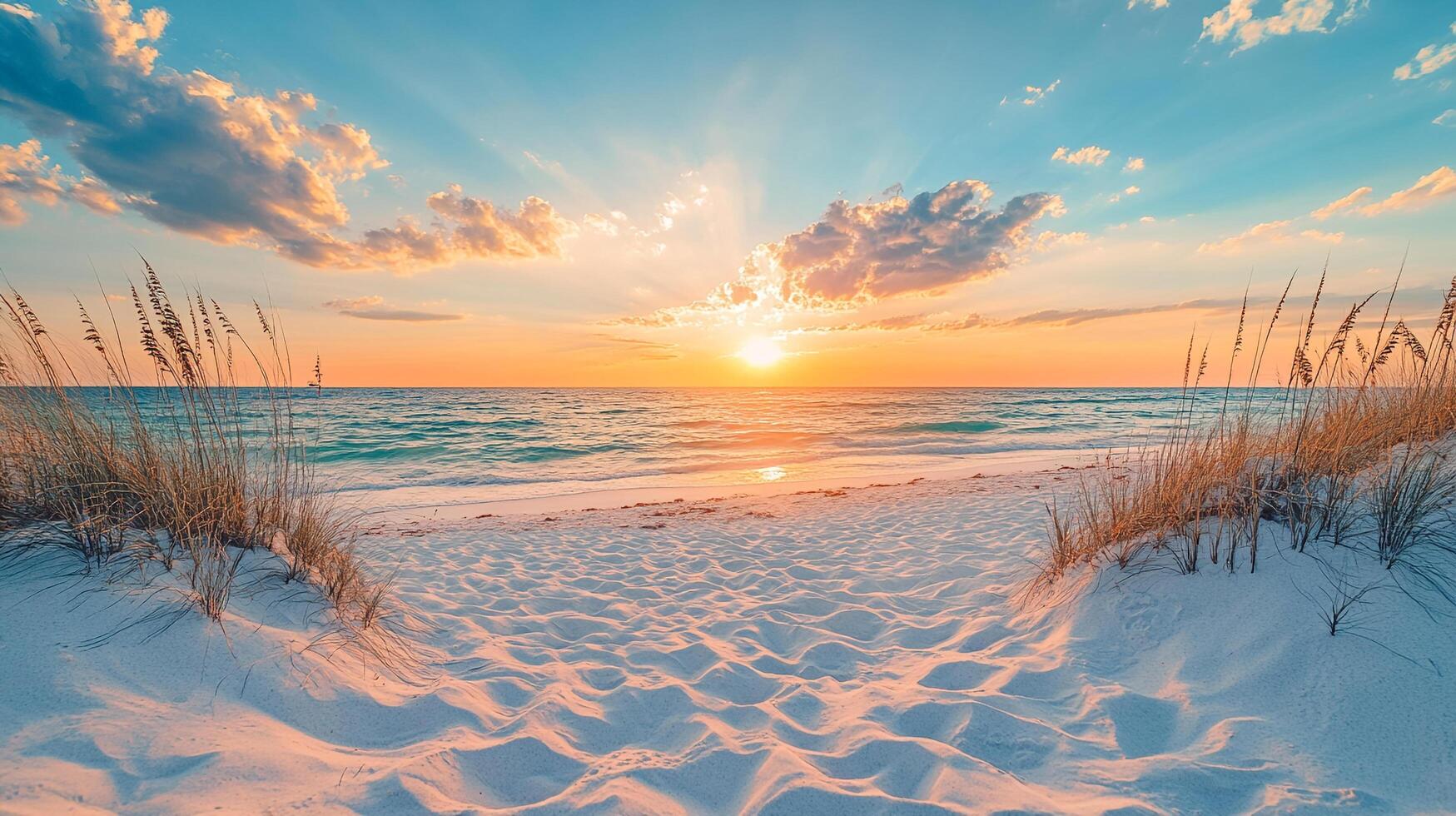 Tranquil beach scene at sunrise, featuring soft sand, gentle waves, and warm light breaking through the clouds on the horizon. photo