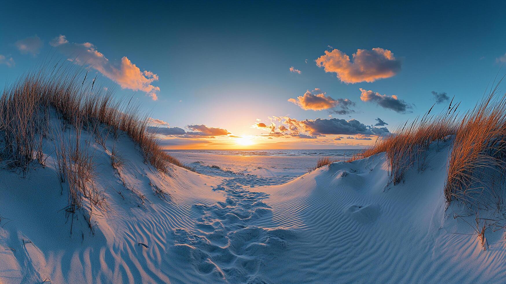 Sand dunes lead to a serene beach sunset, featuring warm colors, gentle clouds, and the tranquil horizon. A peaceful coastal escape. photo