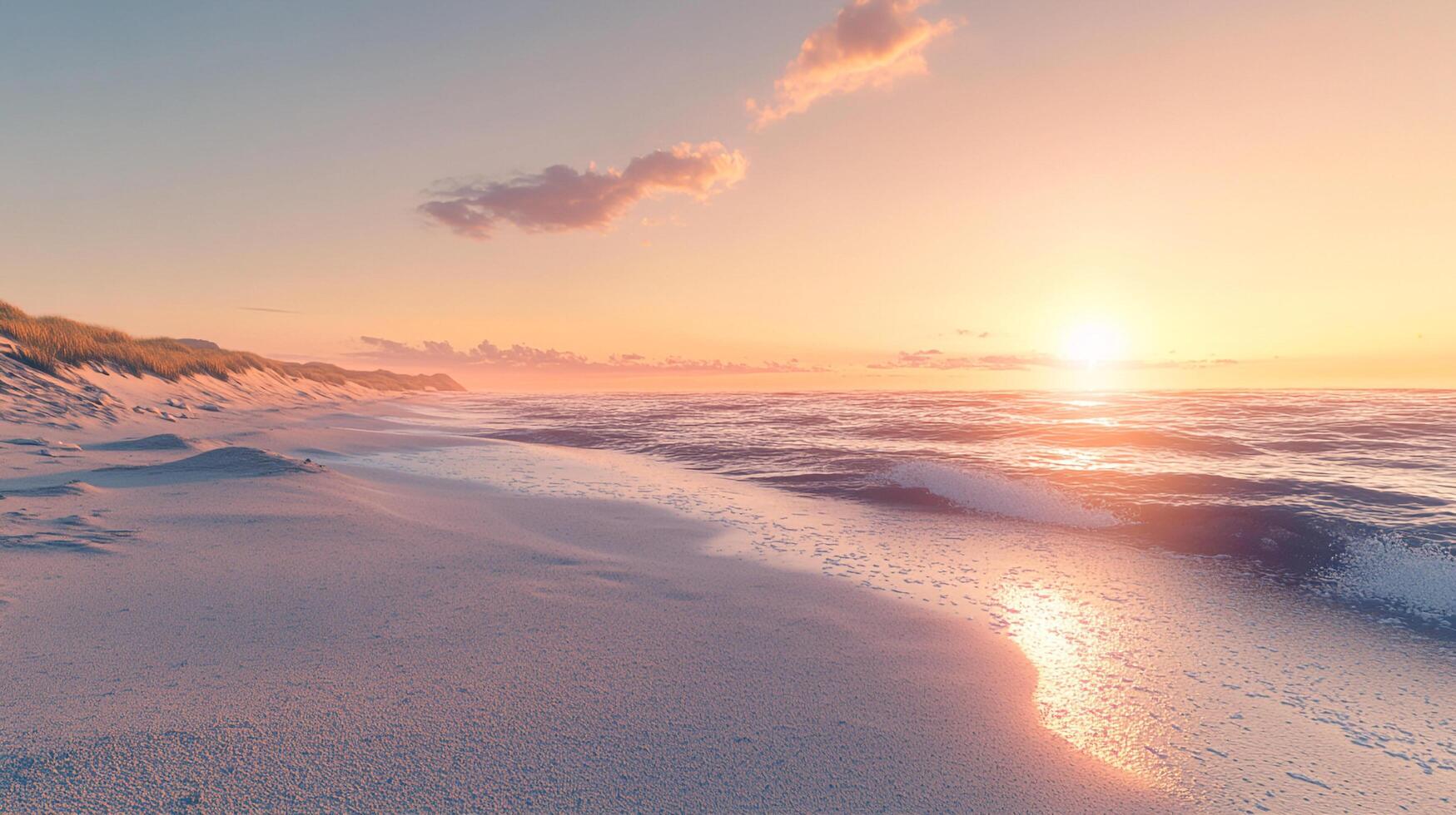 Soft pastel sunset over calm ocean waters and a sandy beach with dunes and grasses evokes a sense of serenity and natural beauty. photo