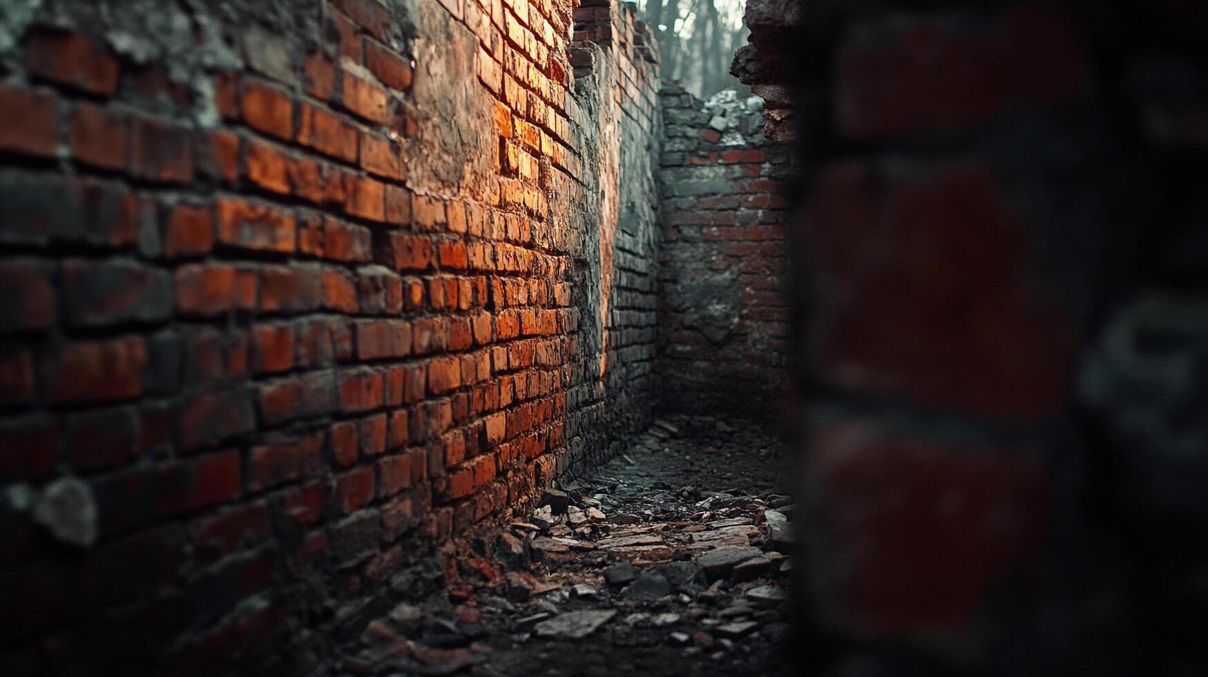 Narrow, decaying alley with crumbling brick walls and rubble-strewn ground, evoking decay and forgotten places in a haunting atmosphere. photo