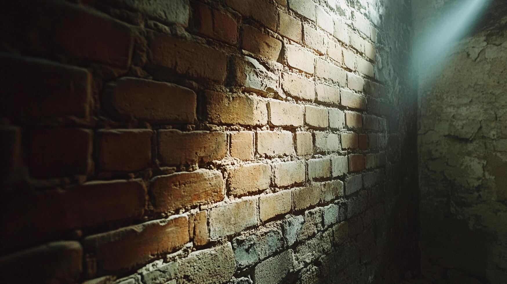Illuminated brick wall corner with natural light creating shadows and textures. A gritty and textural surface. Architecture detail. photo