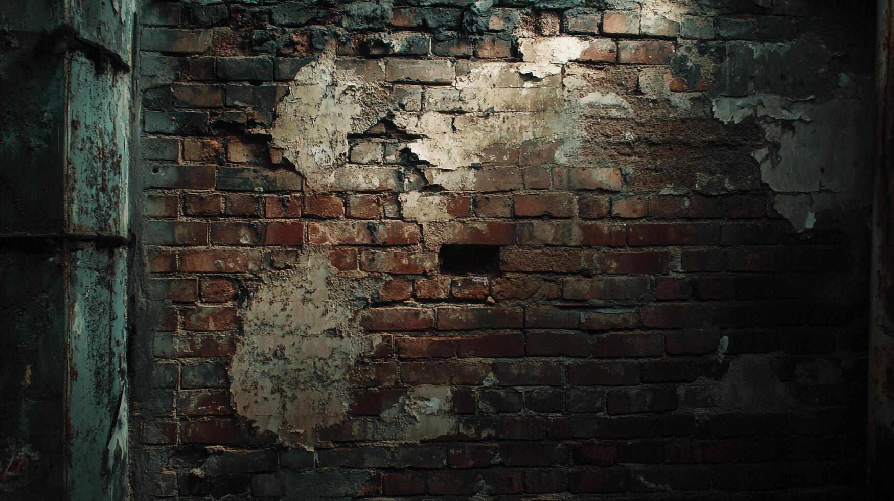 Worn brick wall with peeling plaster in dark lighting. Atmospheric texture. Ideal for urban decay or architectural themes. photo