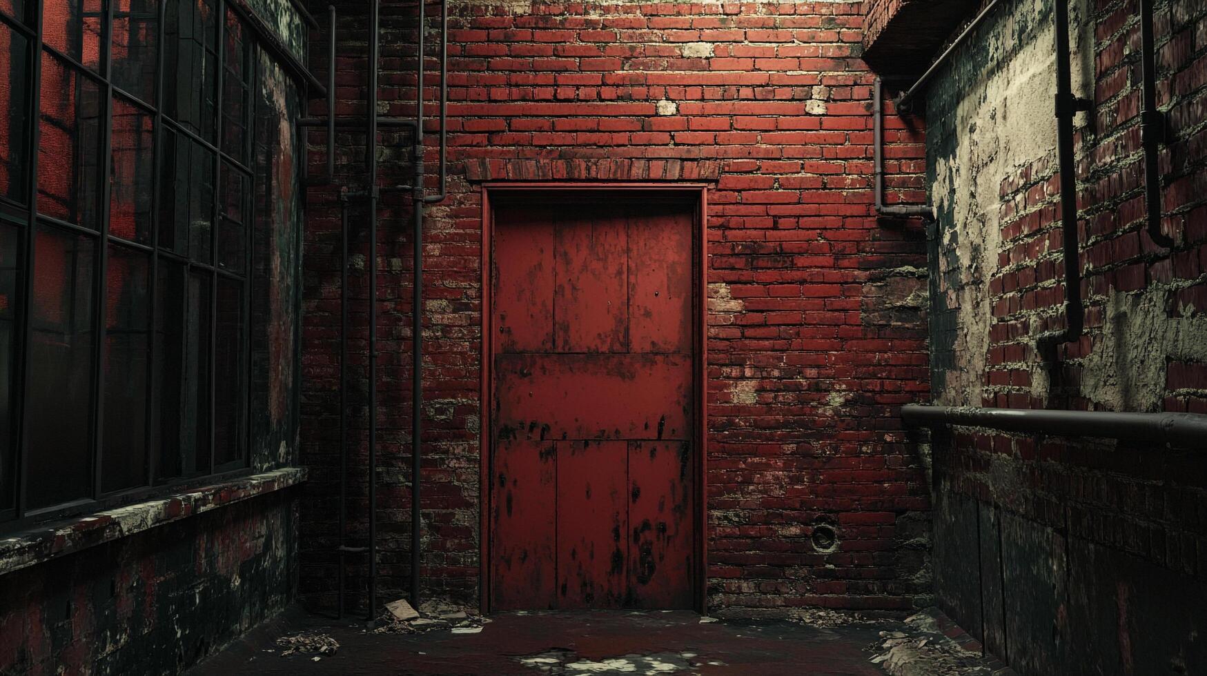 A weathered red door in a brick wall, urban decay, and aged industrial textures create a visually captivating scene. photo