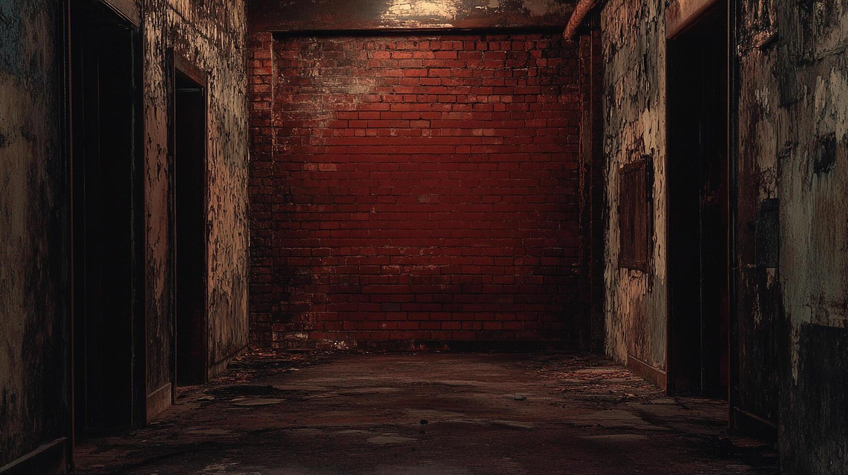 Eerie corridor featuring an aged brick wall with visible wear and tear, and doorways, creating an unsettling and mysterious atmosphere. photo