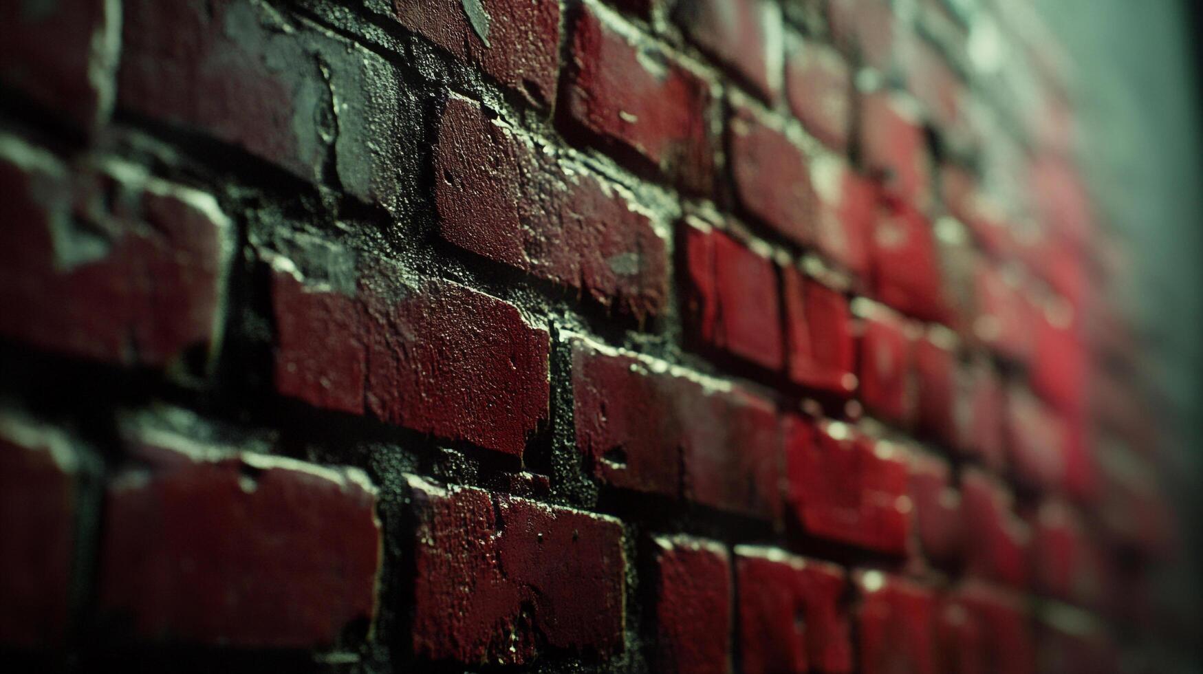 Close-up of a weathered brick wall, showcasing textures and aged details in a dark, moody setting, capturing urban decay. photo