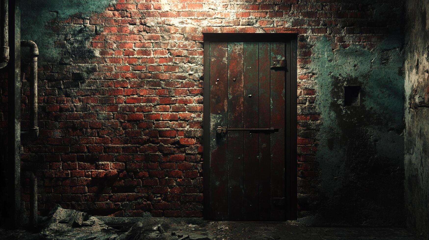 Dimly lit basement wall with boarded door in a dark area. Pipes are attached to the brickwork. The floor is covered in debris. photo