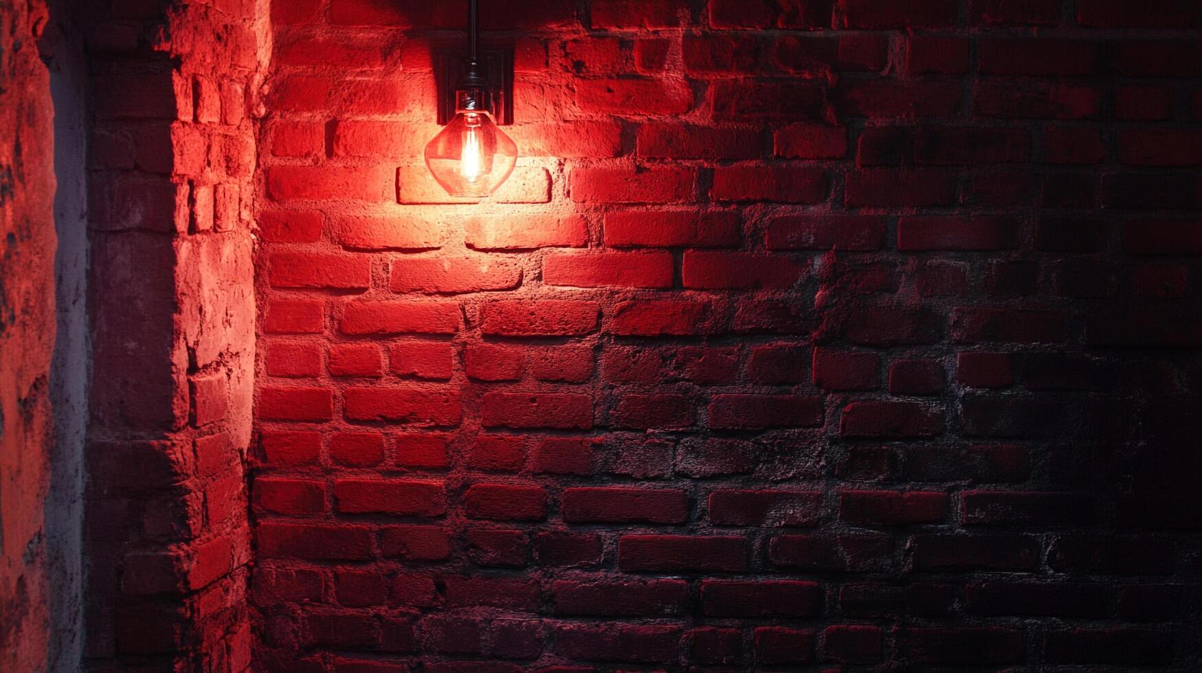 Red brick wall illuminated by a vintage light bulb. Moody atmosphere with shadows and rich red color scheme. Detailed brick texture. photo