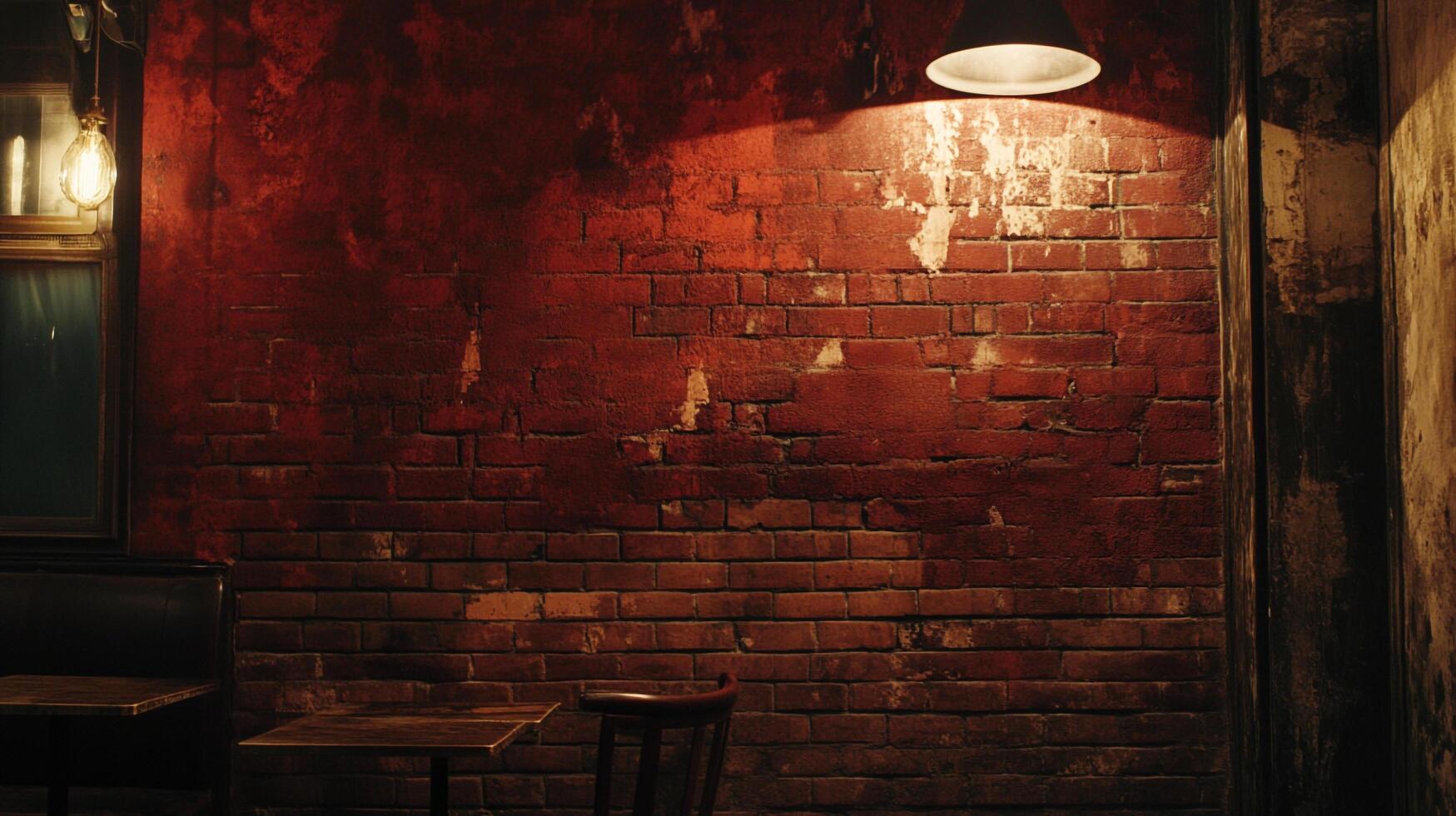 Moody interior shot of a brick wall under dim lighting, creating a vintage and atmospheric vibe with tables and chairs present. photo