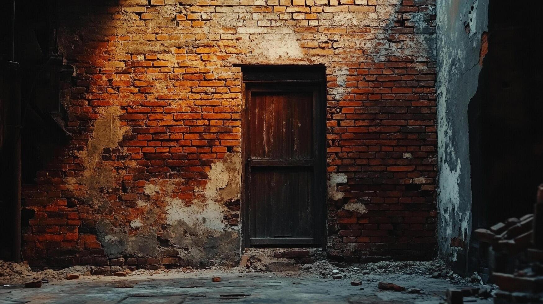 Rustic door framed by aged brick wall in dimly lit setting, evoking sense of timelessness, history, and forgotten narratives. photo