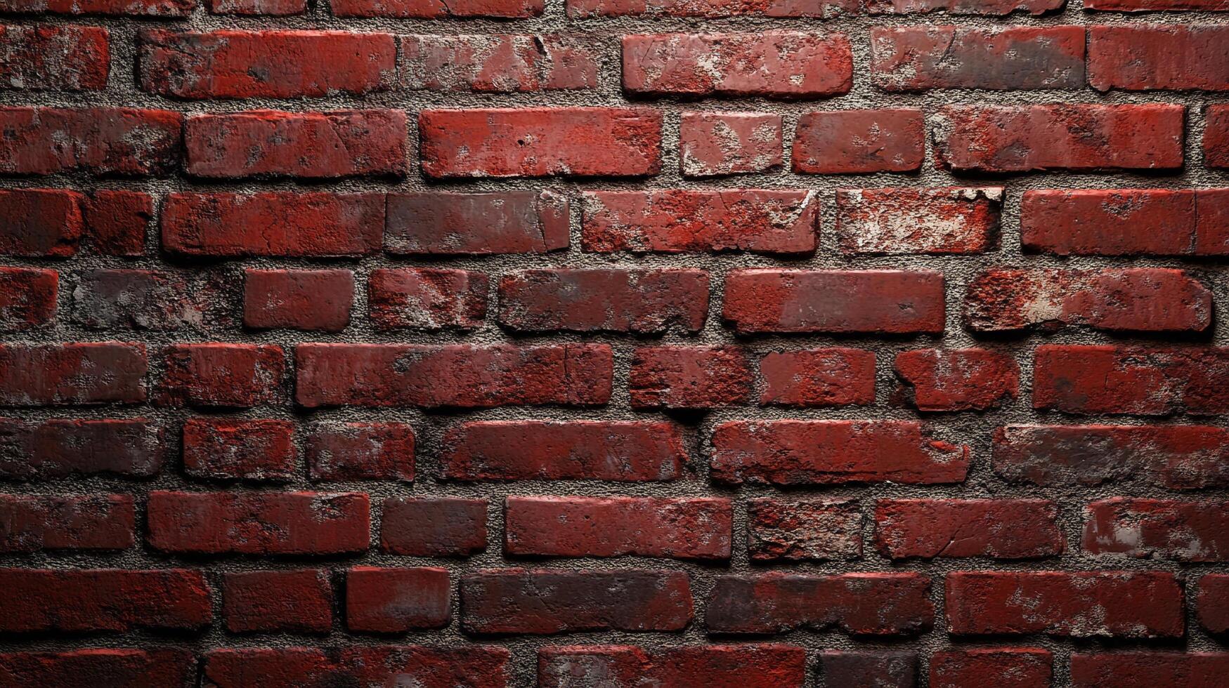 Textured wall of deep red bricks, showcasing aged construction and rough surfaces, creating a vintage aesthetic against gray mortar. photo
