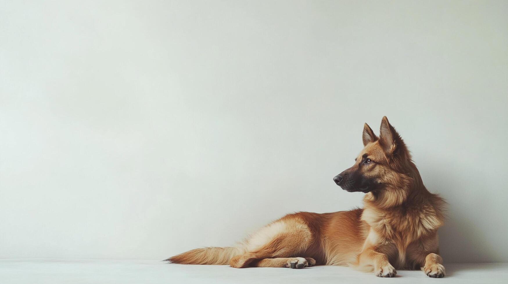 A regal canine poses against a neutral backdrop, radiating calm and nobility. The warm tones of its fur catch the light. photo