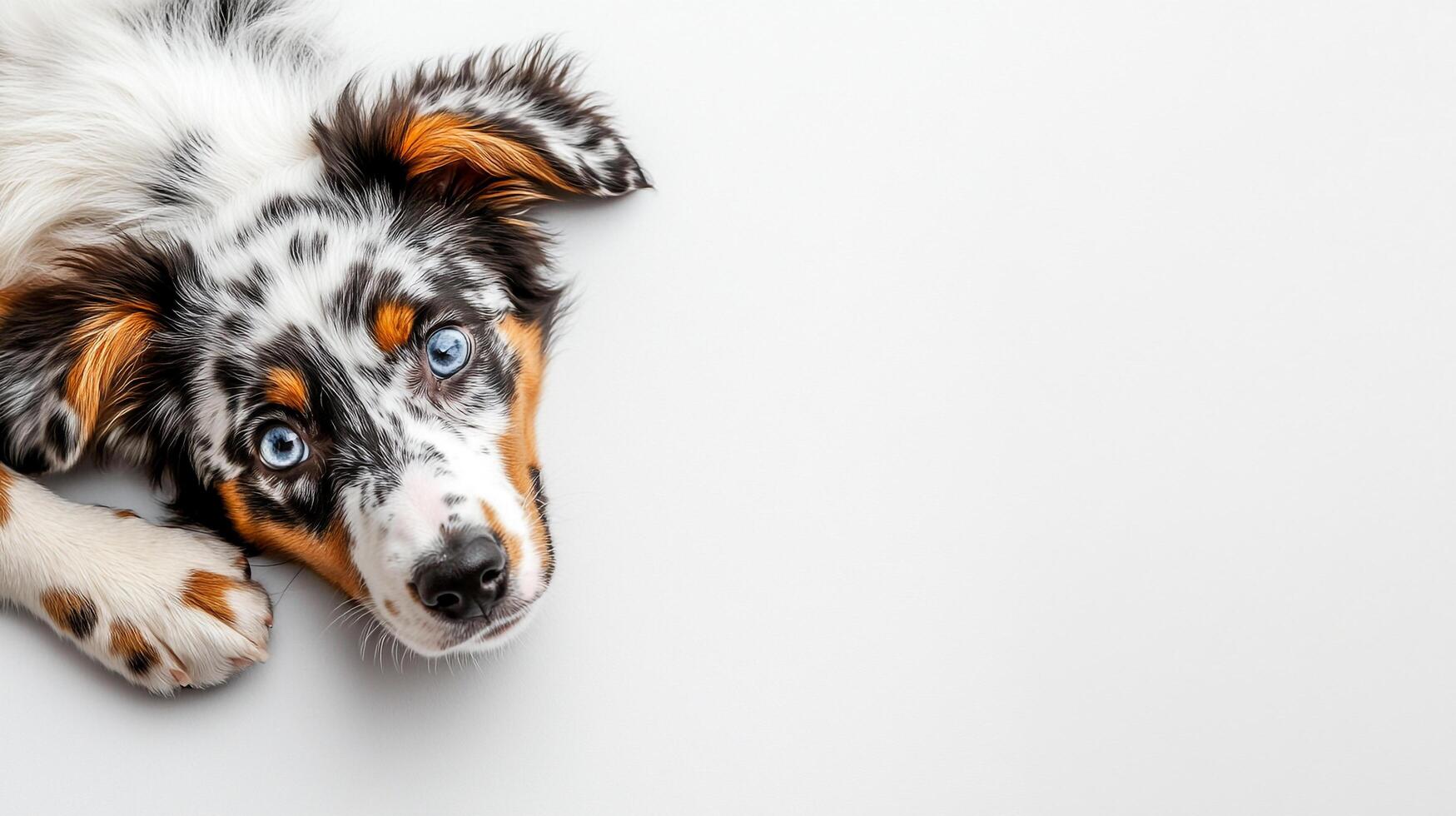 A playful puppy with vibrant blue eyes and a unique, speckled coat strikes a pose against a bright, minimalist backdrop. photo