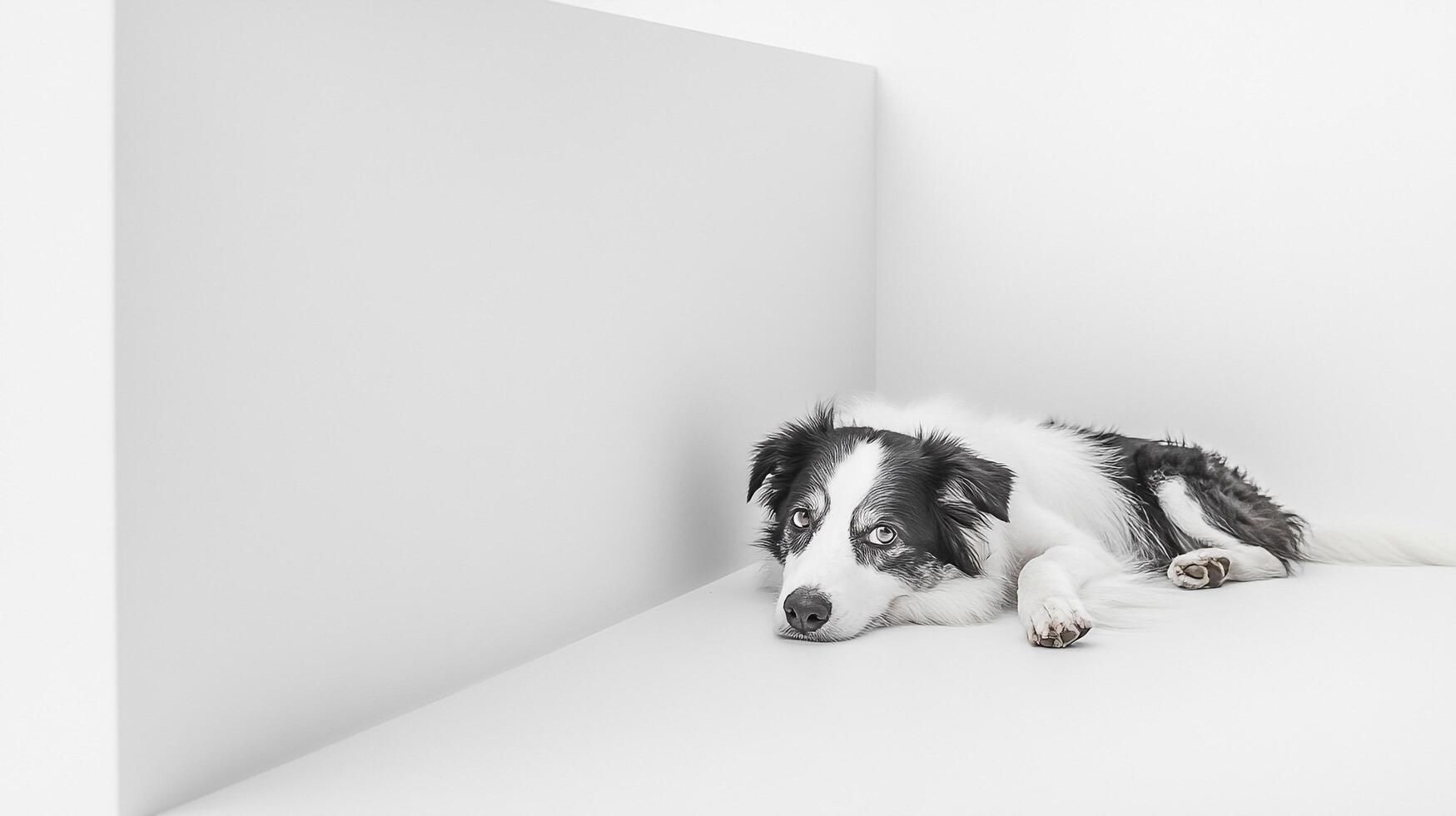 Black and white dog lounges against a crisp white wall. Minimalist canine portrait with focus on texture, light, and monochromatic aesthetic. photo