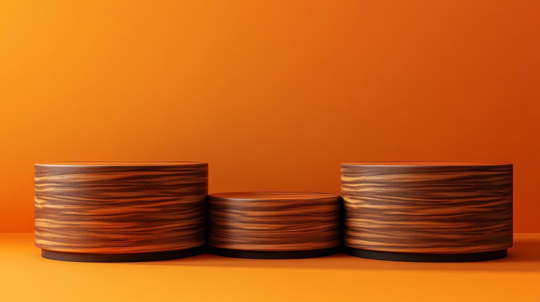 Three wooden platforms of varying heights sit in front of a bright orange background, ideal for product displays and minimalist compositions. photo