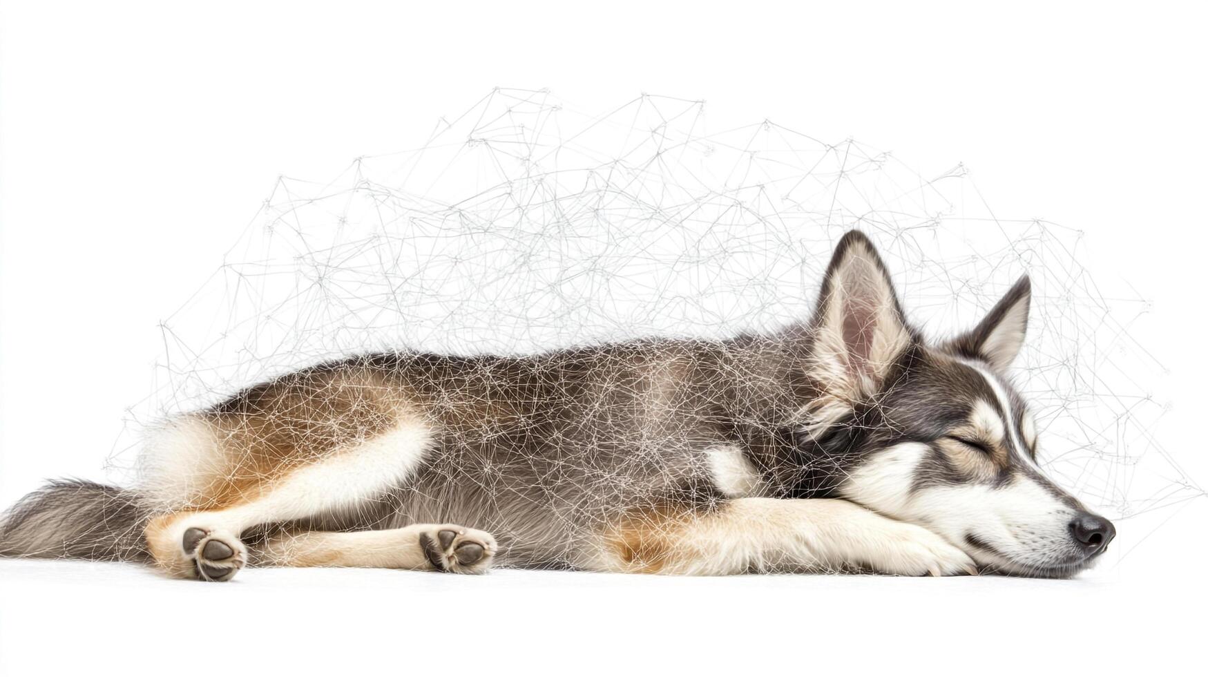 A beautiful husky-like dog sleeping peacefully under a geometric pattern overlay on a white backdrop, conveying digital dreams. photo