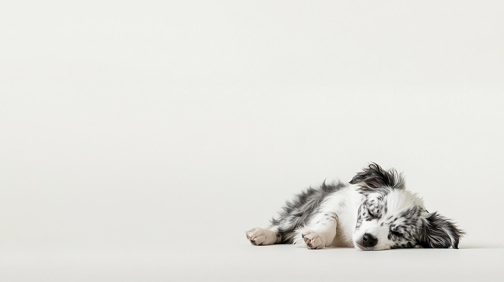 Cute spotted puppy napping peacefully. The adorable puppy is sleeping comfortably against a plain background in a studio setting. photo