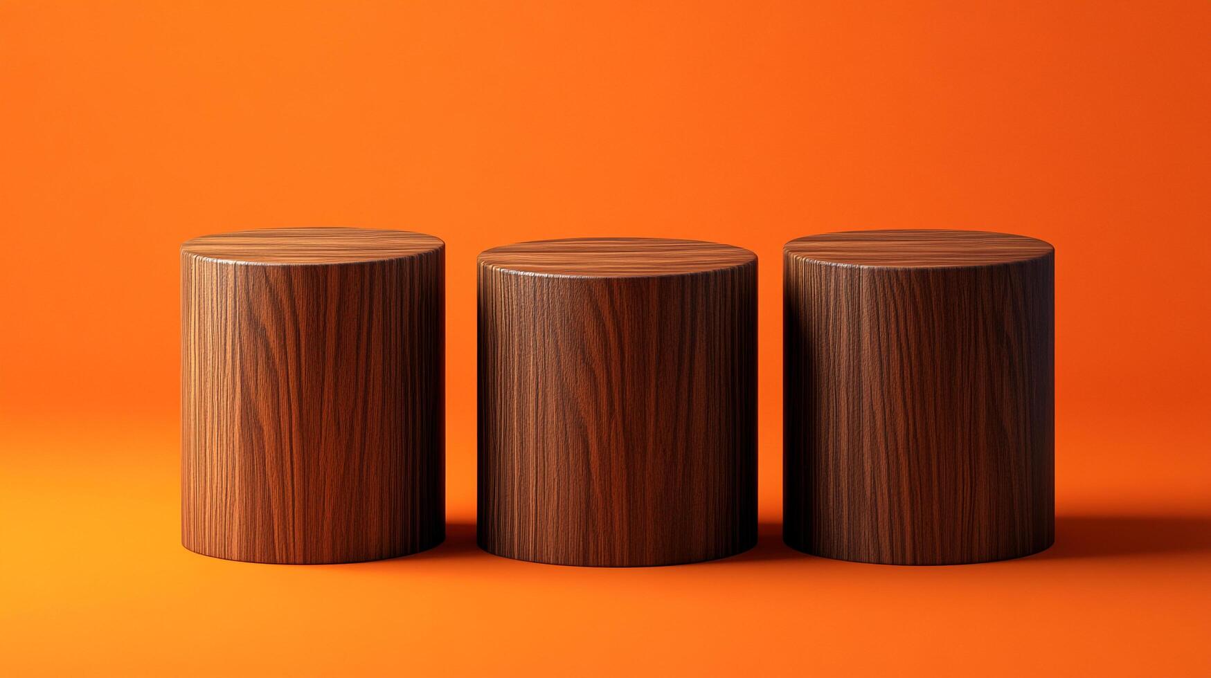 Three wooden cylindrical podiums are lined up against a solid orange background, providing a clean and minimalistic presentation space. photo