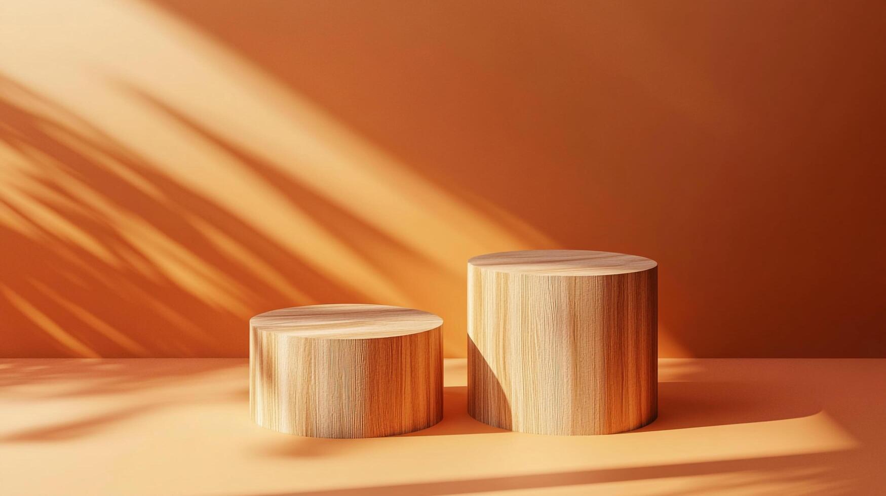 Two wooden cylinder pedestals are displayed in a warmly colored studio setting with dappled shadows, ideal for product showcase or artistic display. photo
