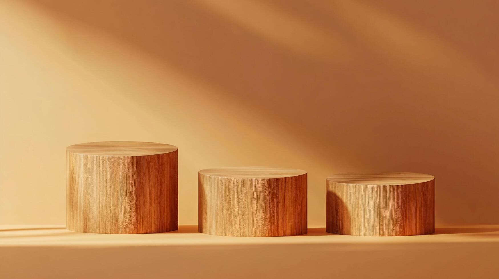 Three wooden display pedestals in a descending row under a warm sunlight, creating a minimalist, aesthetically pleasing display. photo