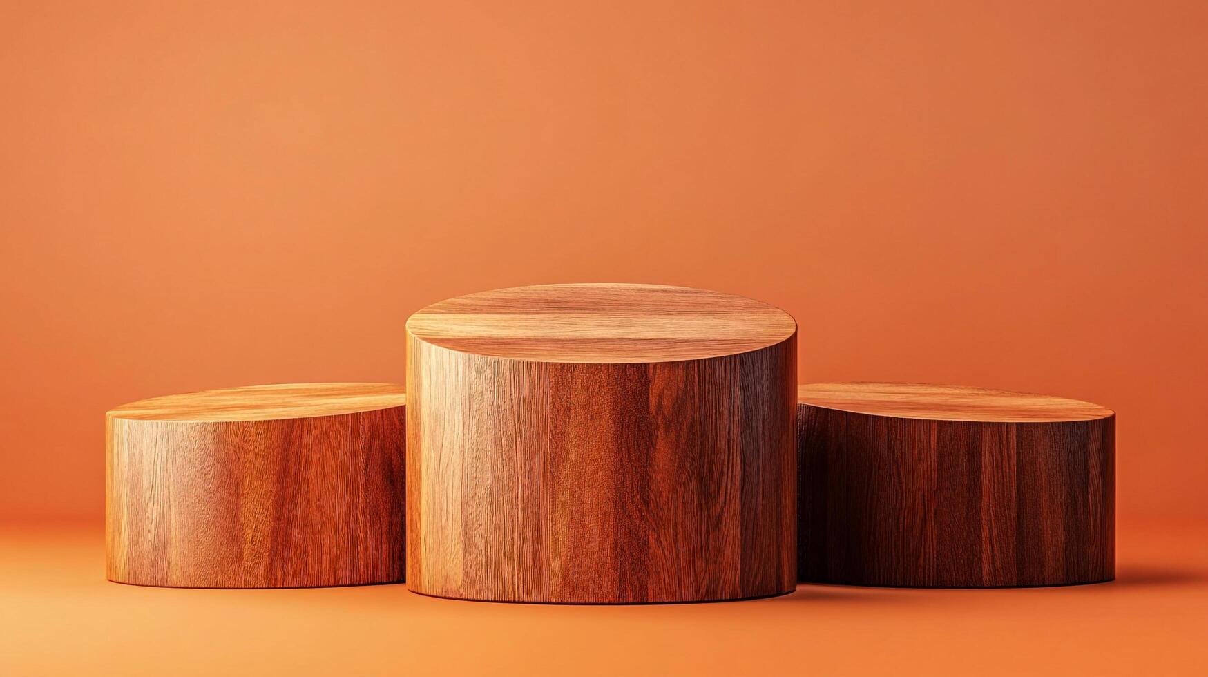 Three wooden podiums stand on a matching orange-toned background, creating a minimalist display platform for product presentation. photo